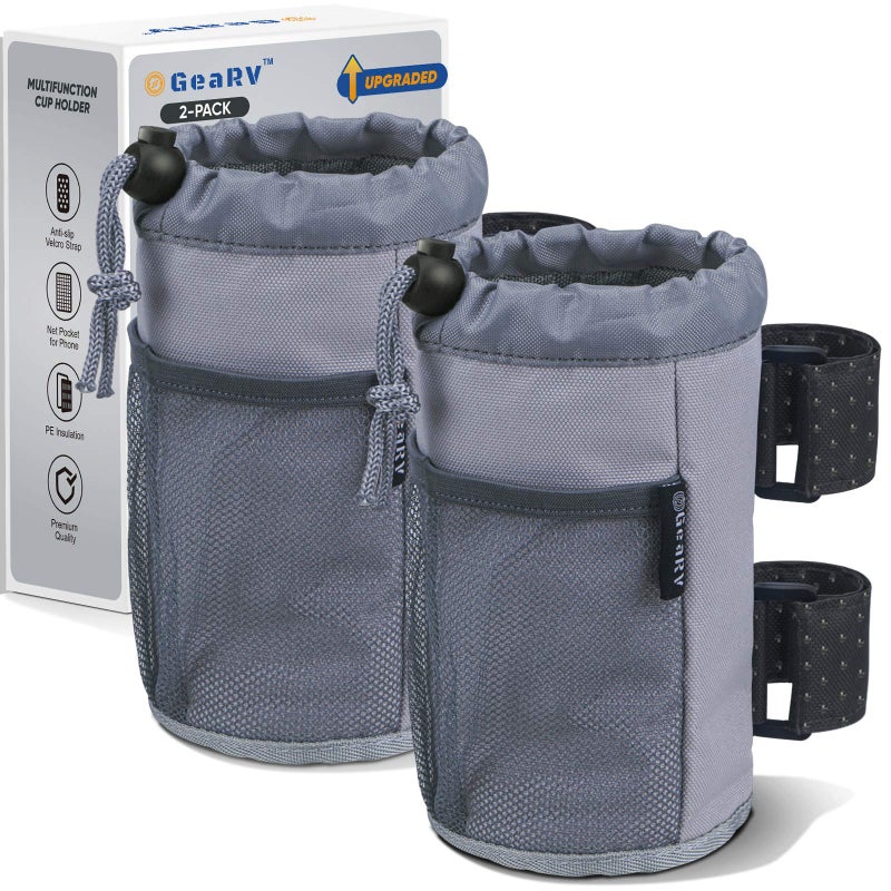 GEARV 2Pack Cup Holder for Bike, Scooter and Wheelchair, Water Bottle Holder for UTV/ATV, Walker, Golf Cart and Beach, Universal Drink Holder Accessories with Net Pocket and Cord Lock (Gray) - Image 1